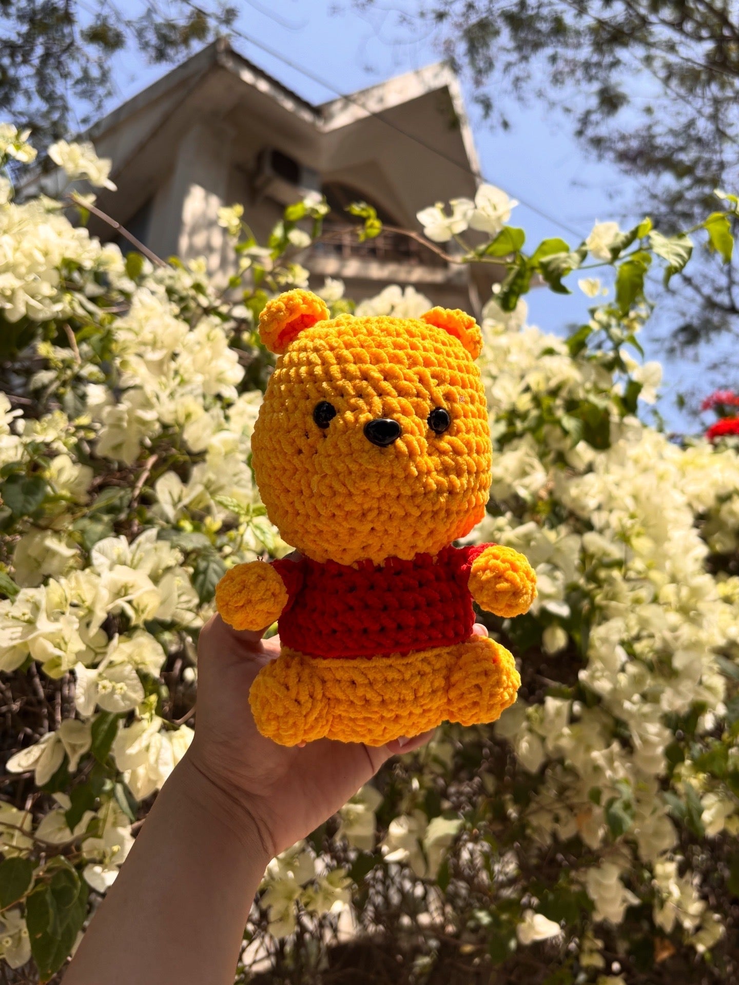 cute yellow and read crochet bear pooh