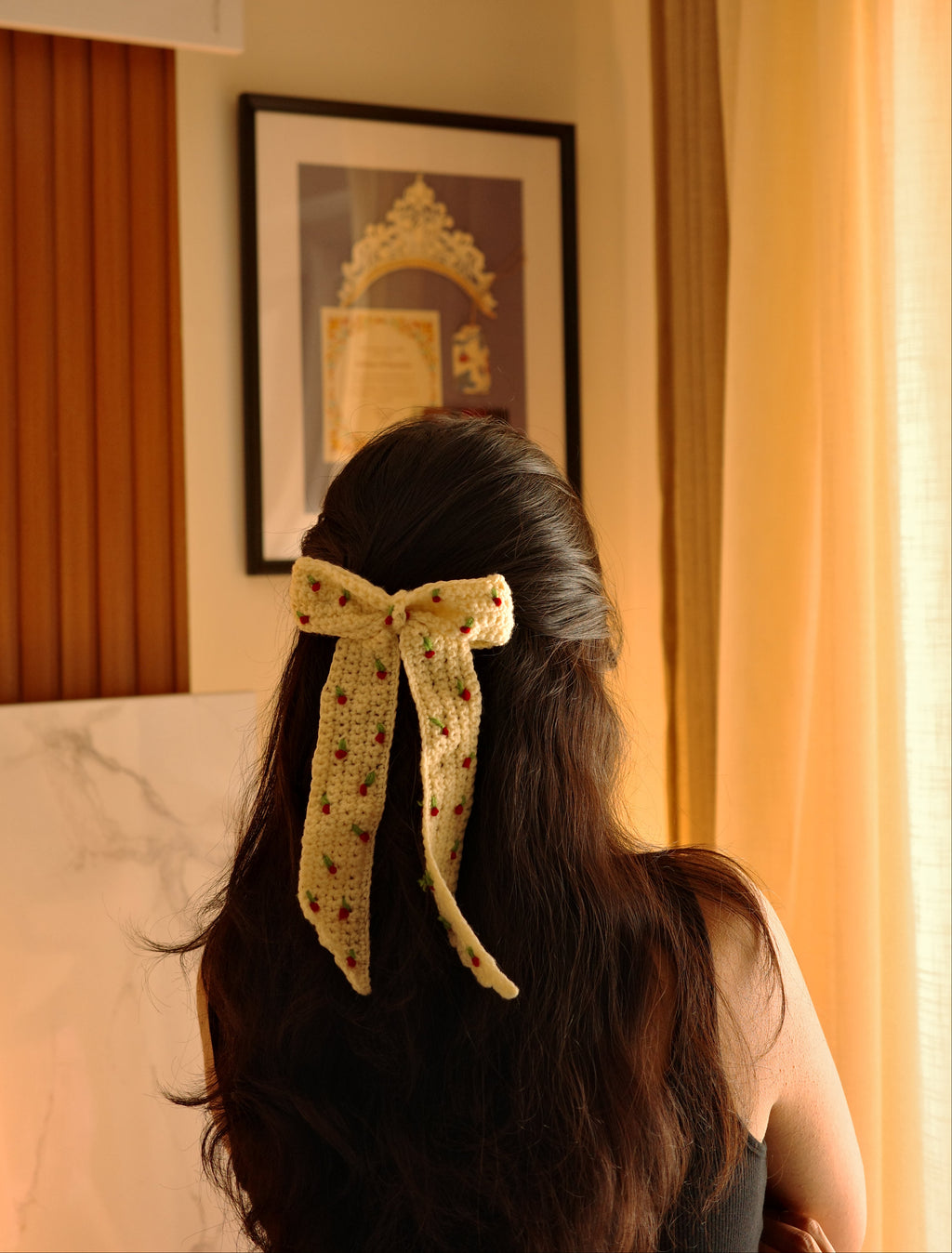 bridgerton theme delicate offwhite with red flower crochet bow