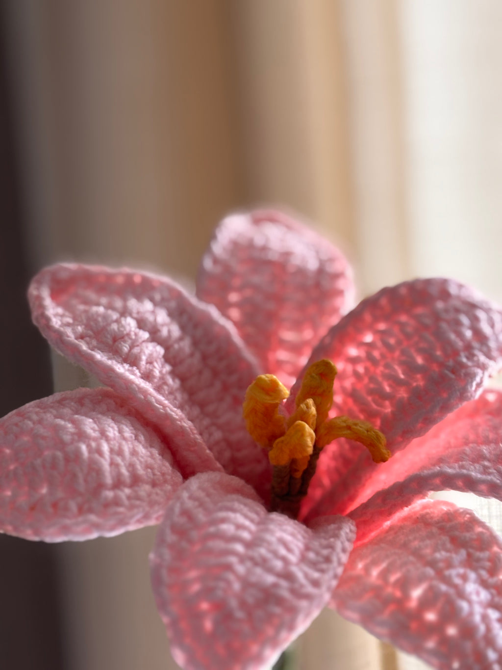 Close-up of a pink crochet lily flower with a blurred background