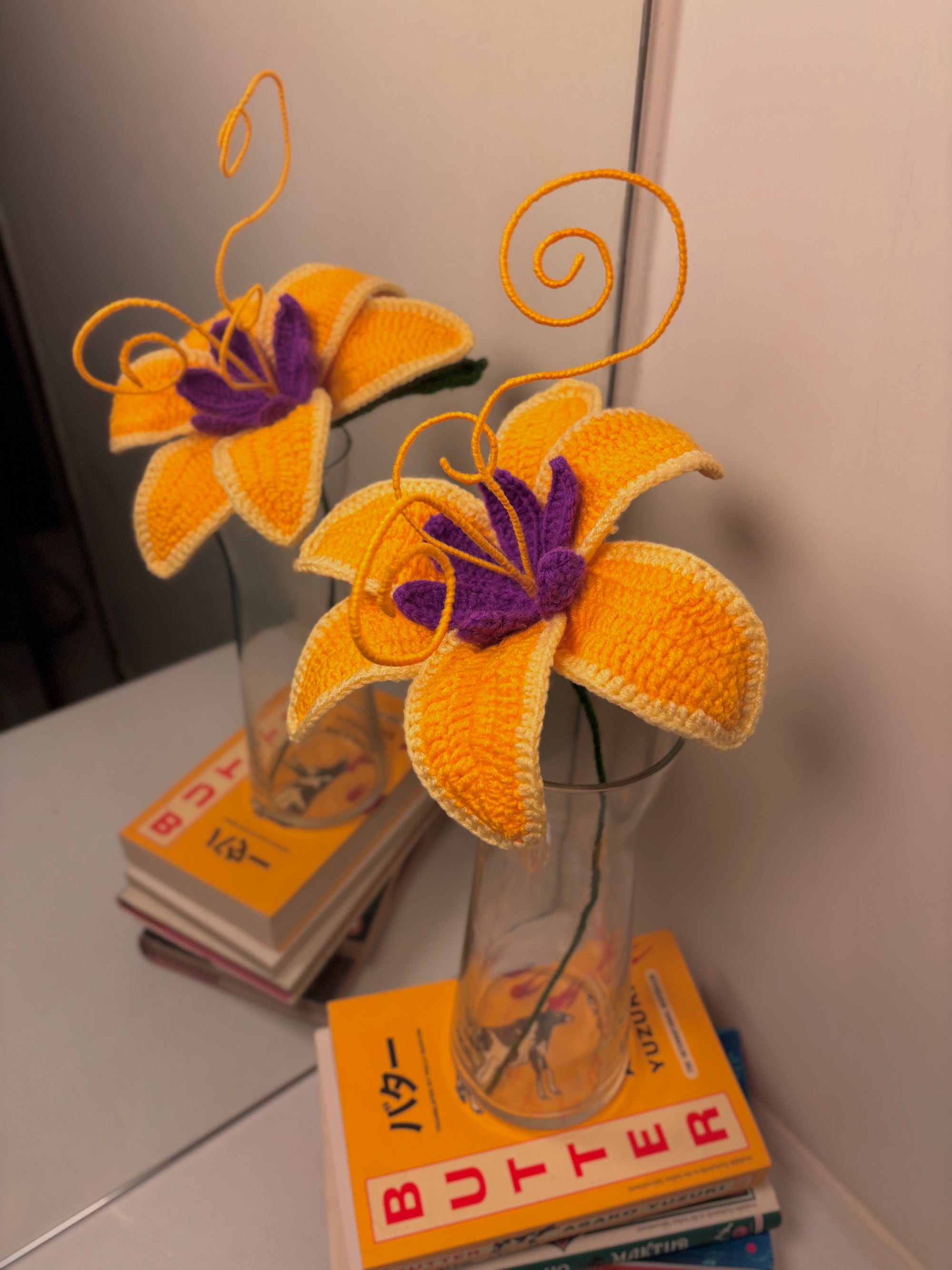 handmade crochet rapunzel inspired golden flower with curled tendrils