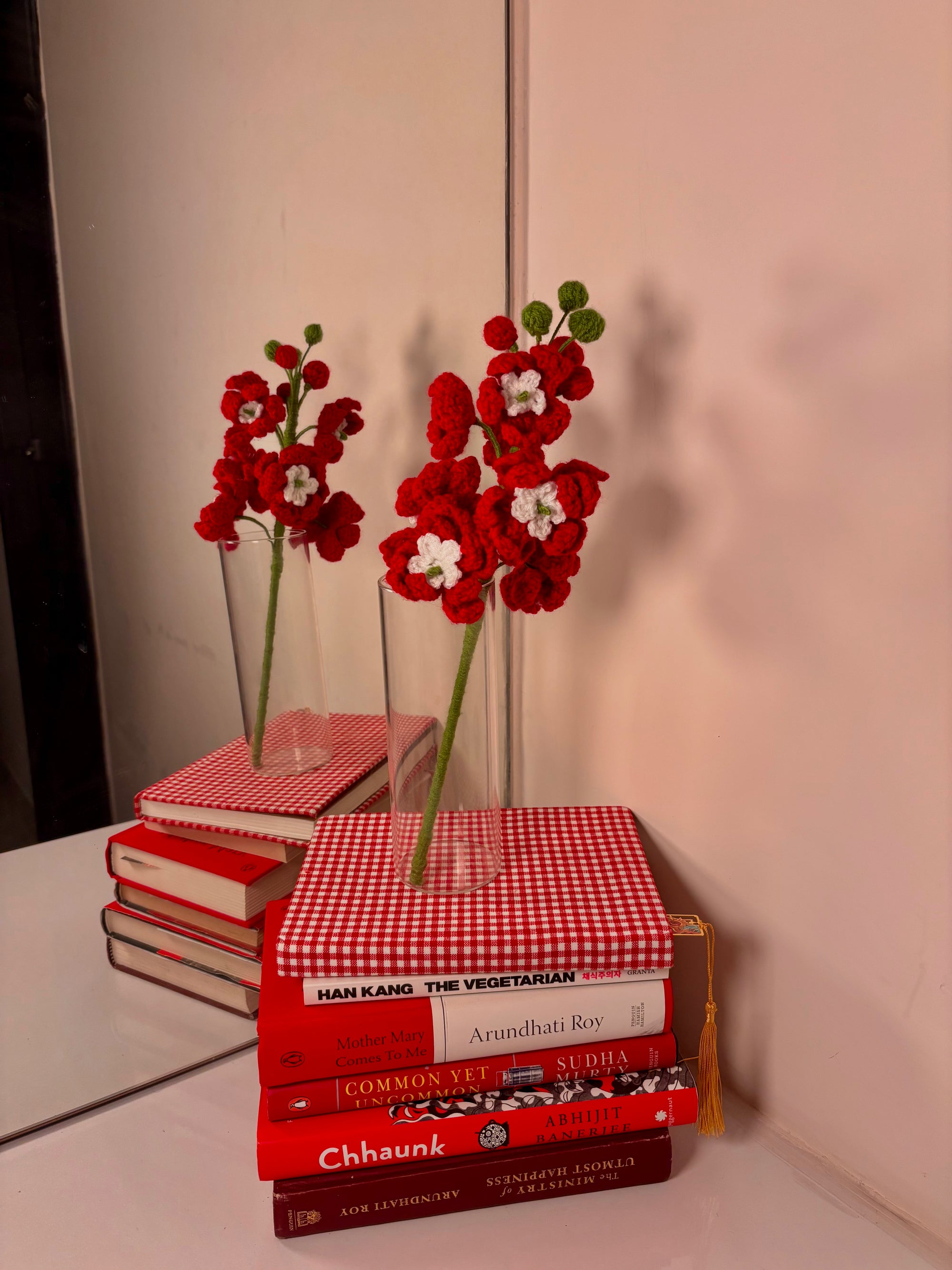crochet red delphinium flower stem