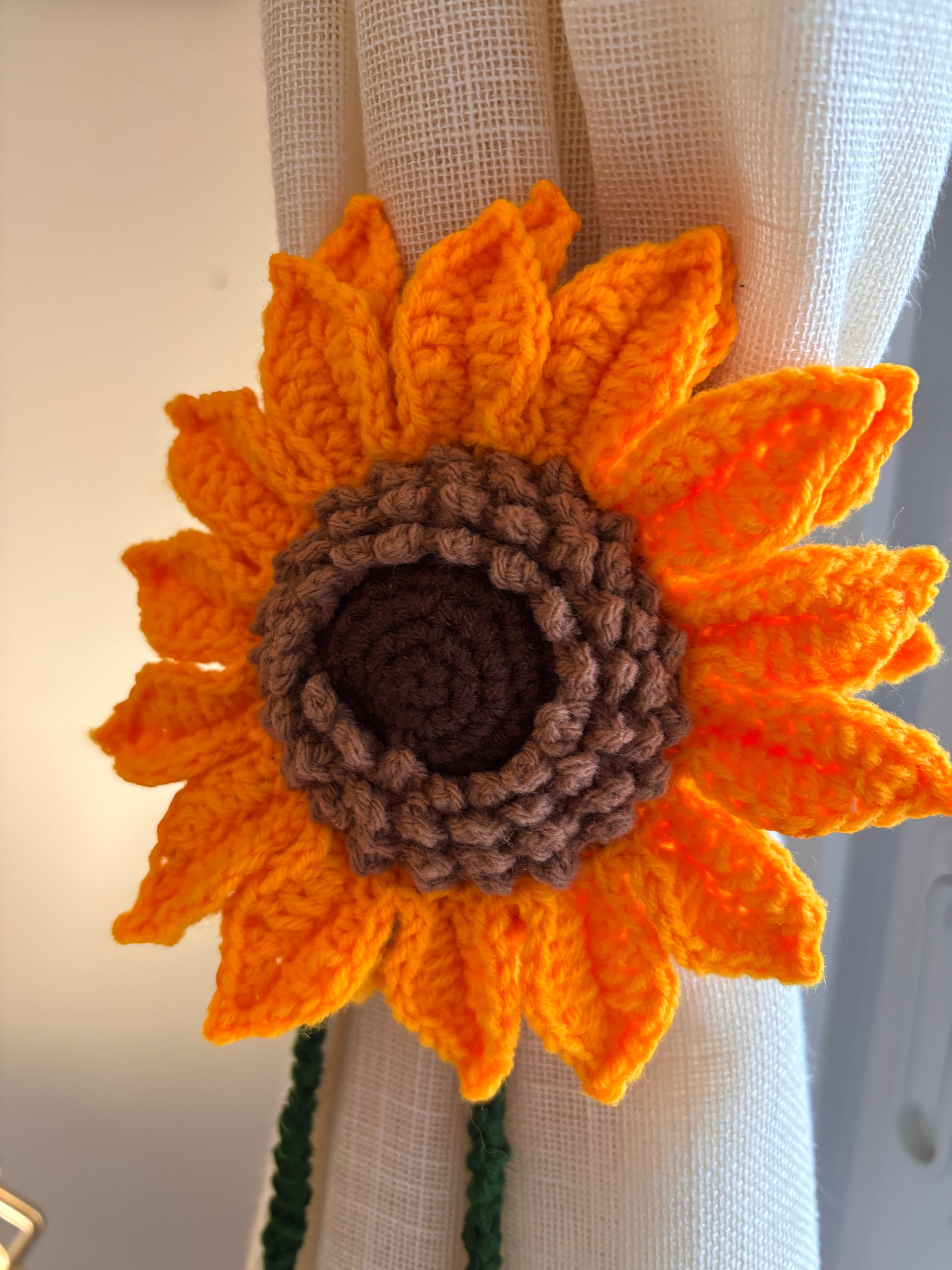 crochet sunflower curtain tie closeup