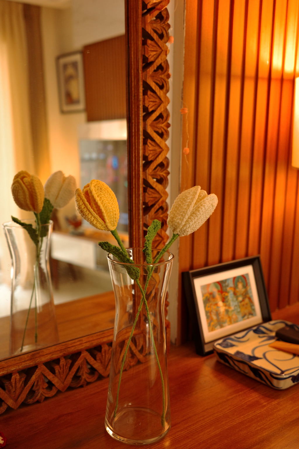 Clear vase with crochet tulip flowers 