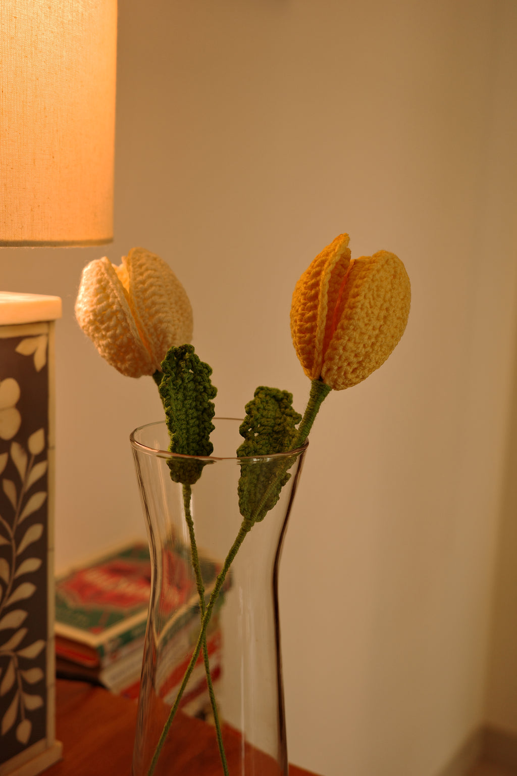 crochet tulip pair one white and one baby yellow