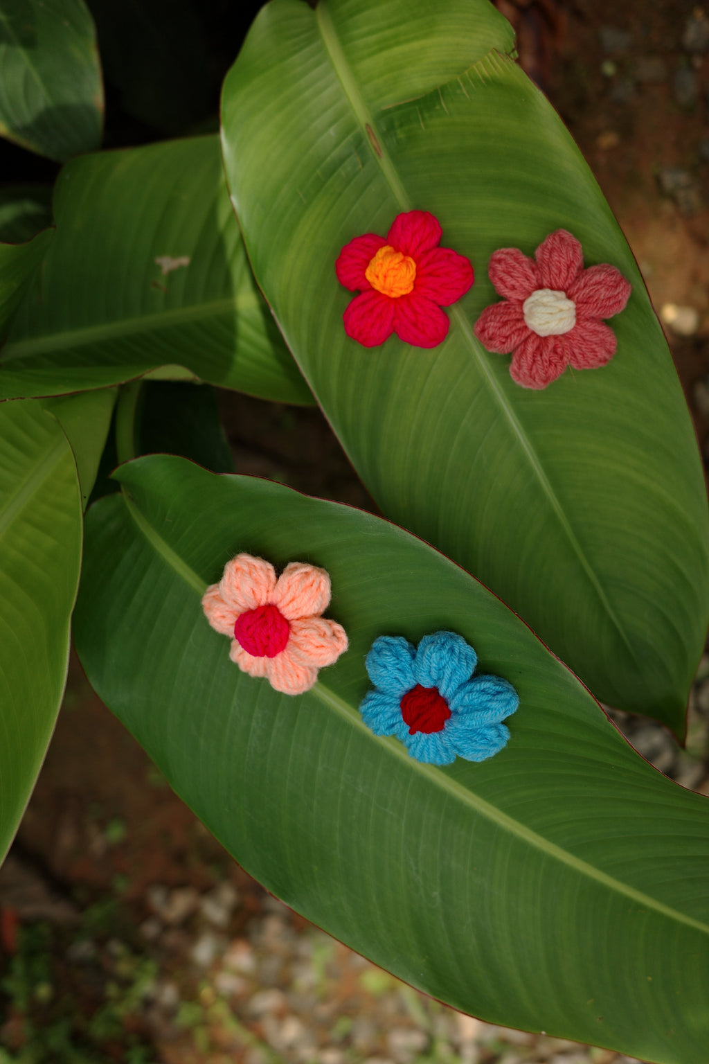 Colorful flower-shaped magnets pins on green leaves