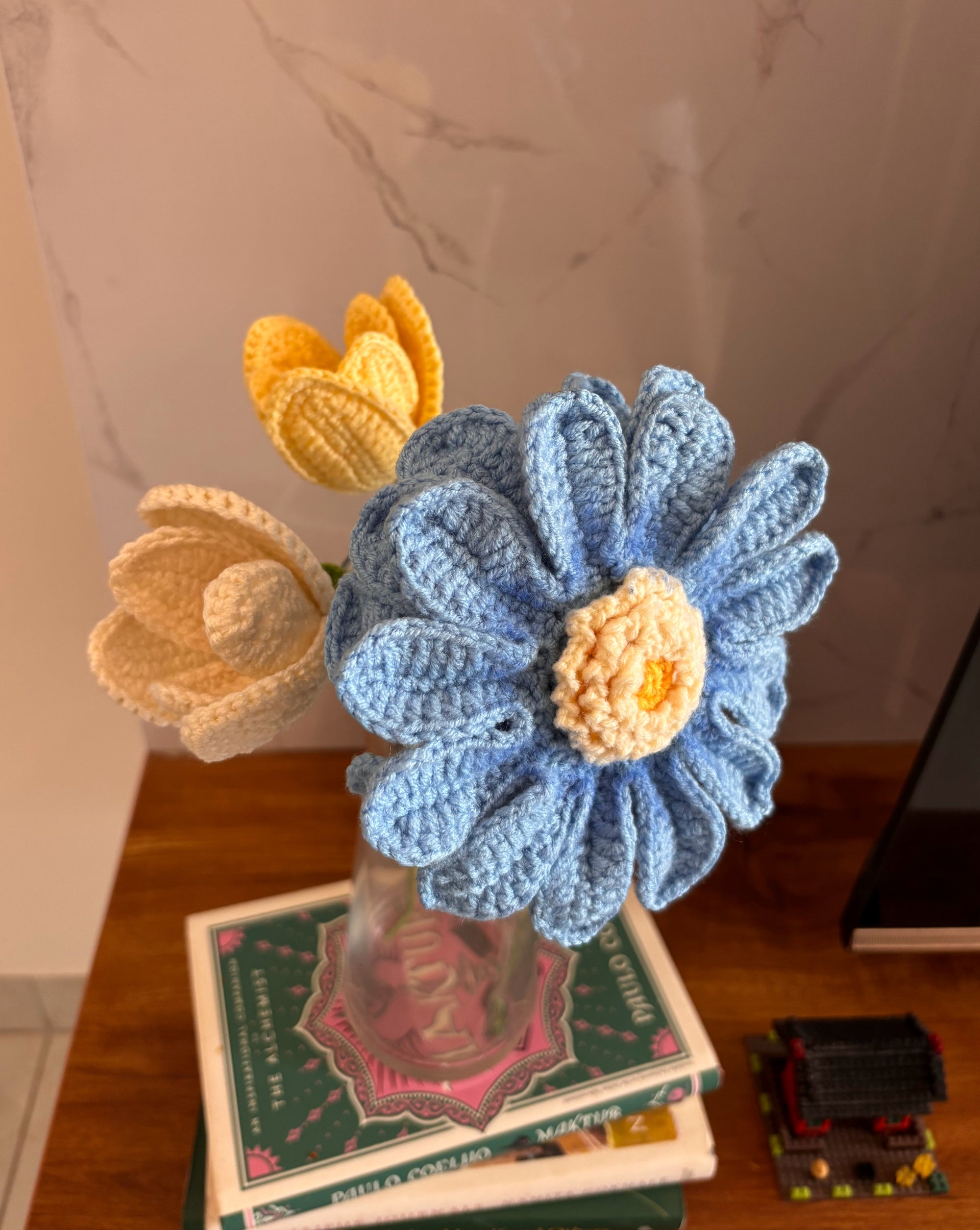 gerbera crochet flower bouquet with teo tulips