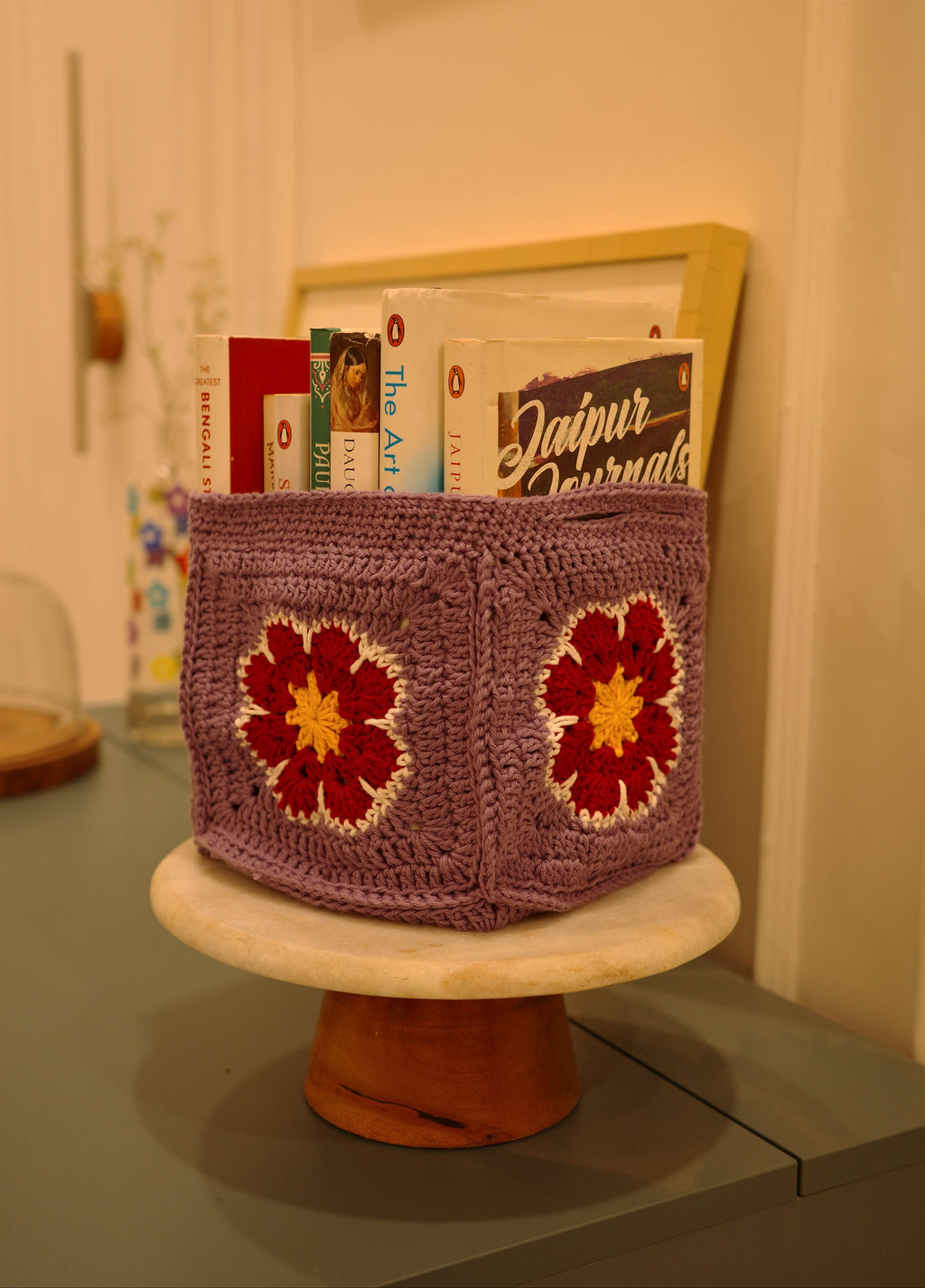 lavender crochet granny square organizer basket for desk storage and home organization