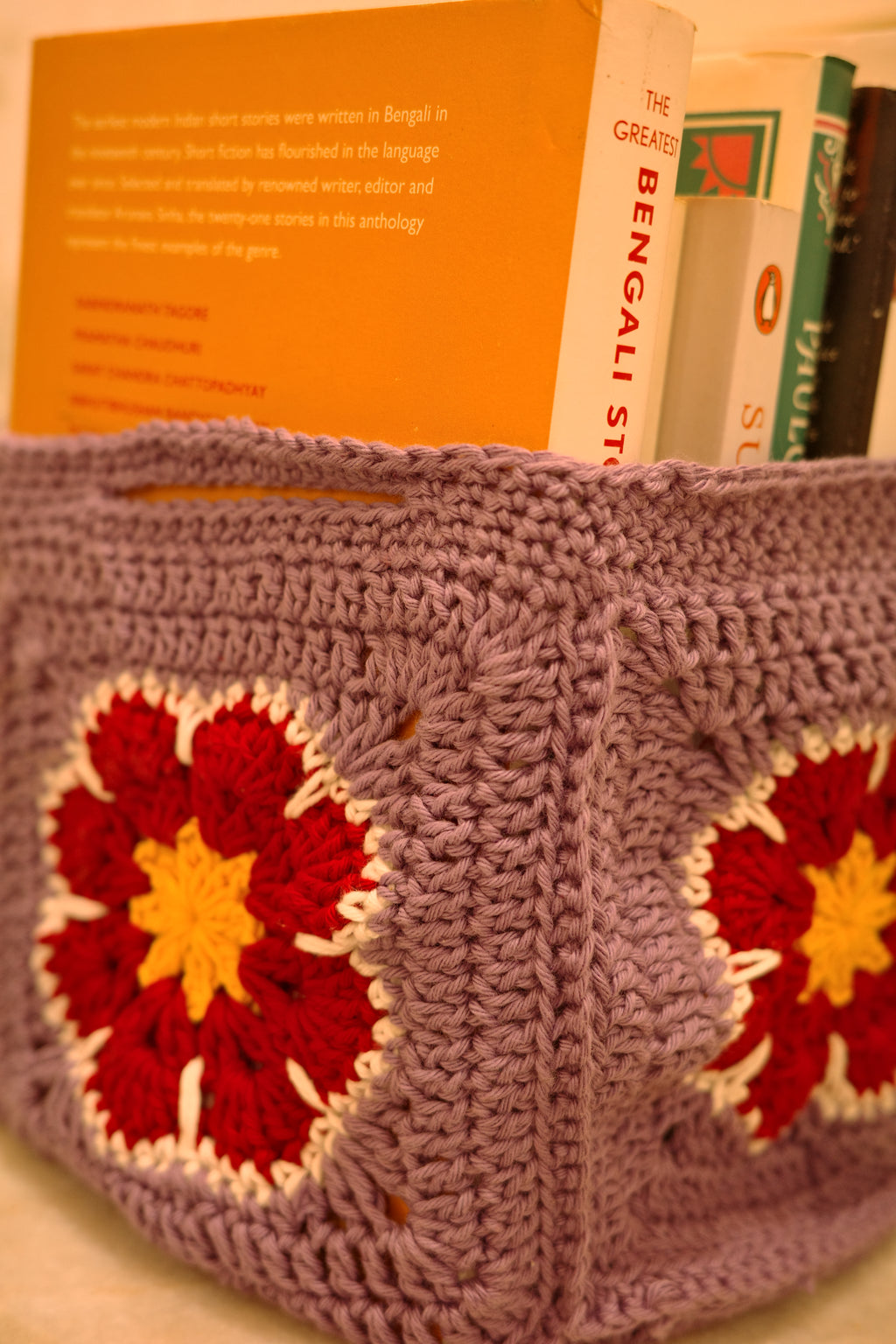lavender crochet granny square organizer basket for desk storage and home organization