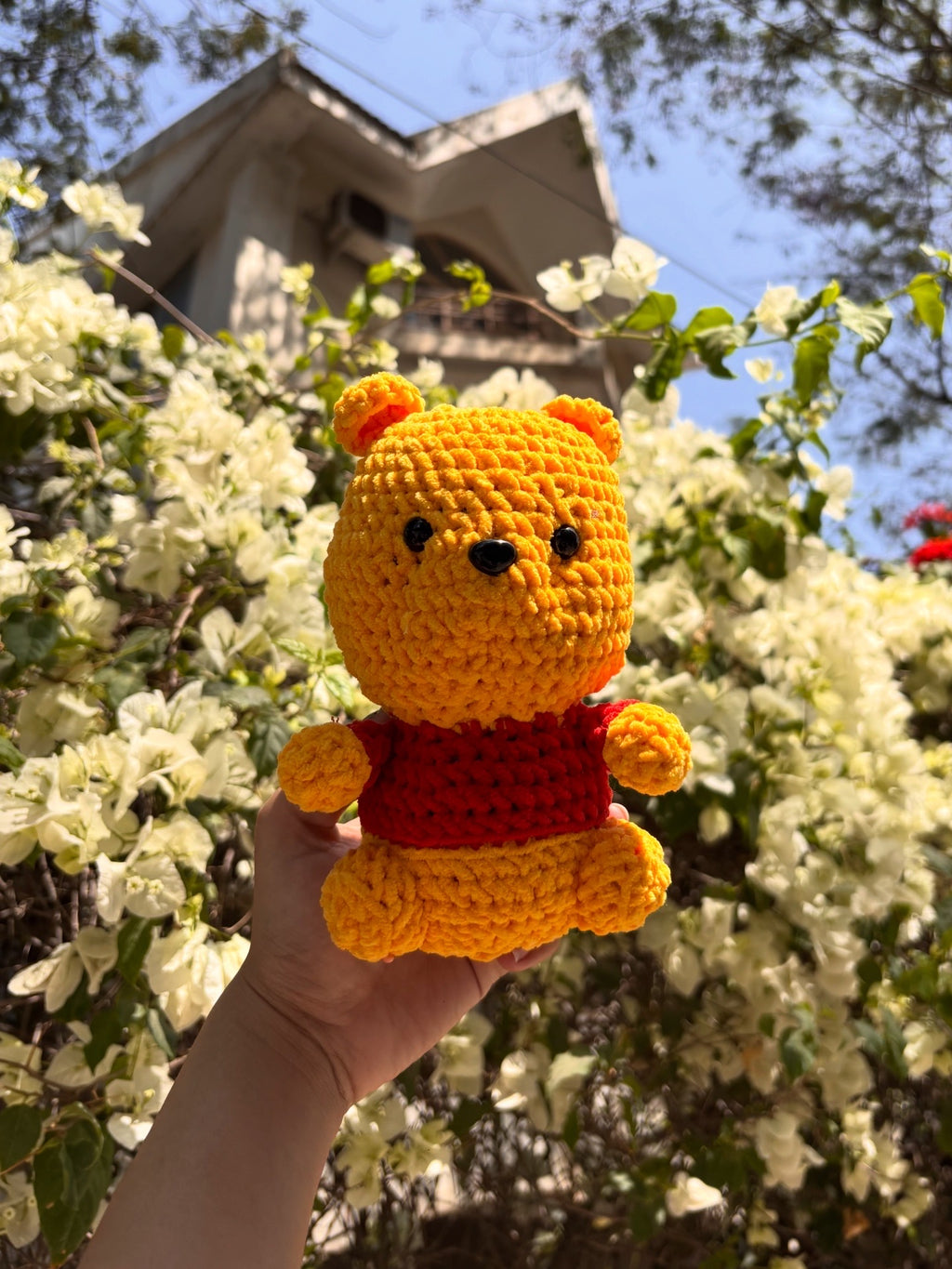 cute yellow and read crochet bear pooh