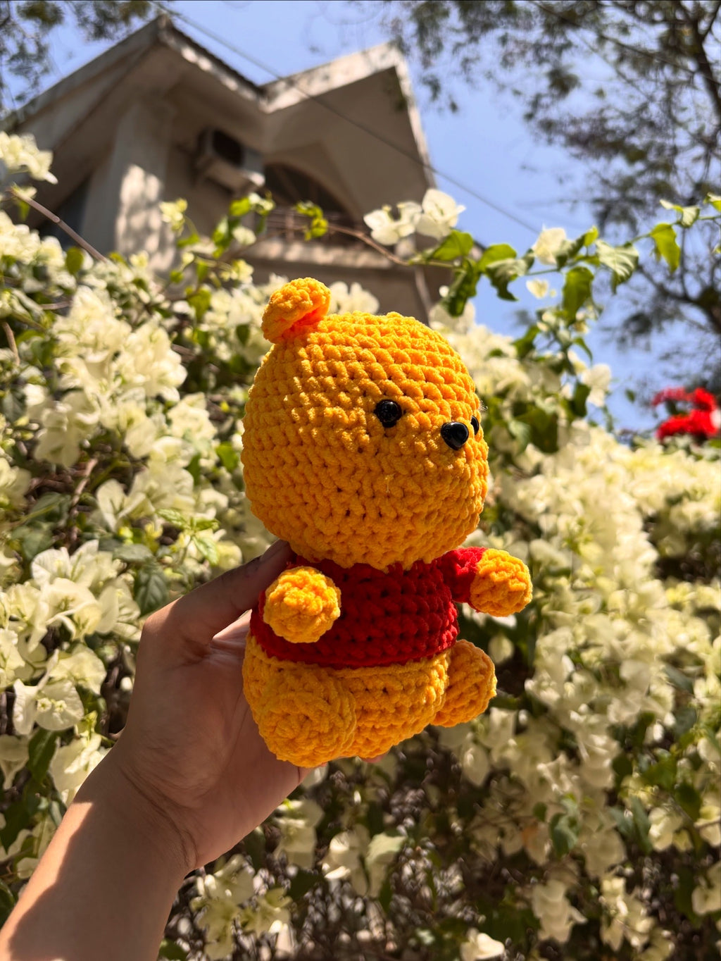 cute yellow and read crochet bear pooh