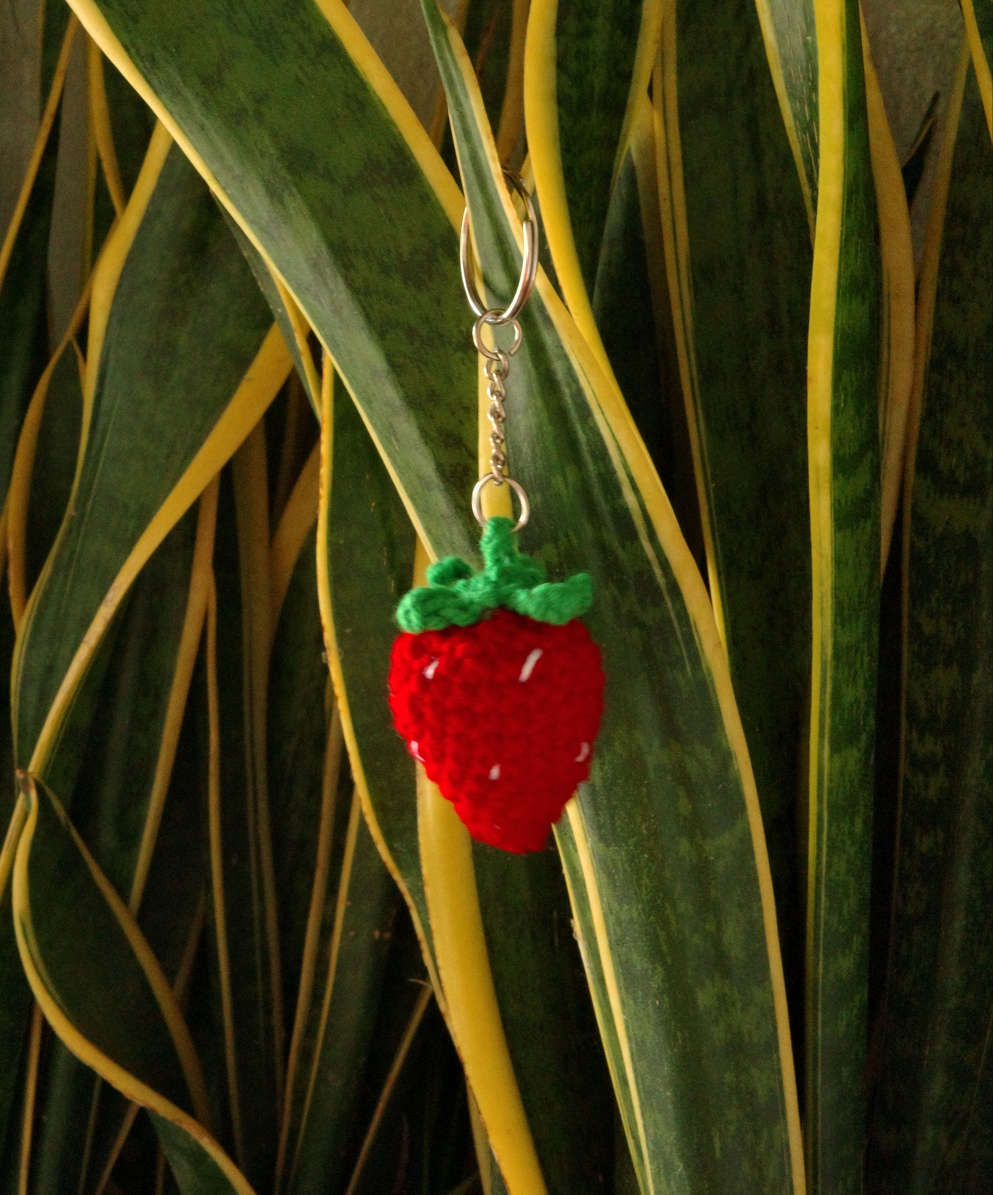 Red strawberry-shaped crochet toy on a green leaf with a blurred background