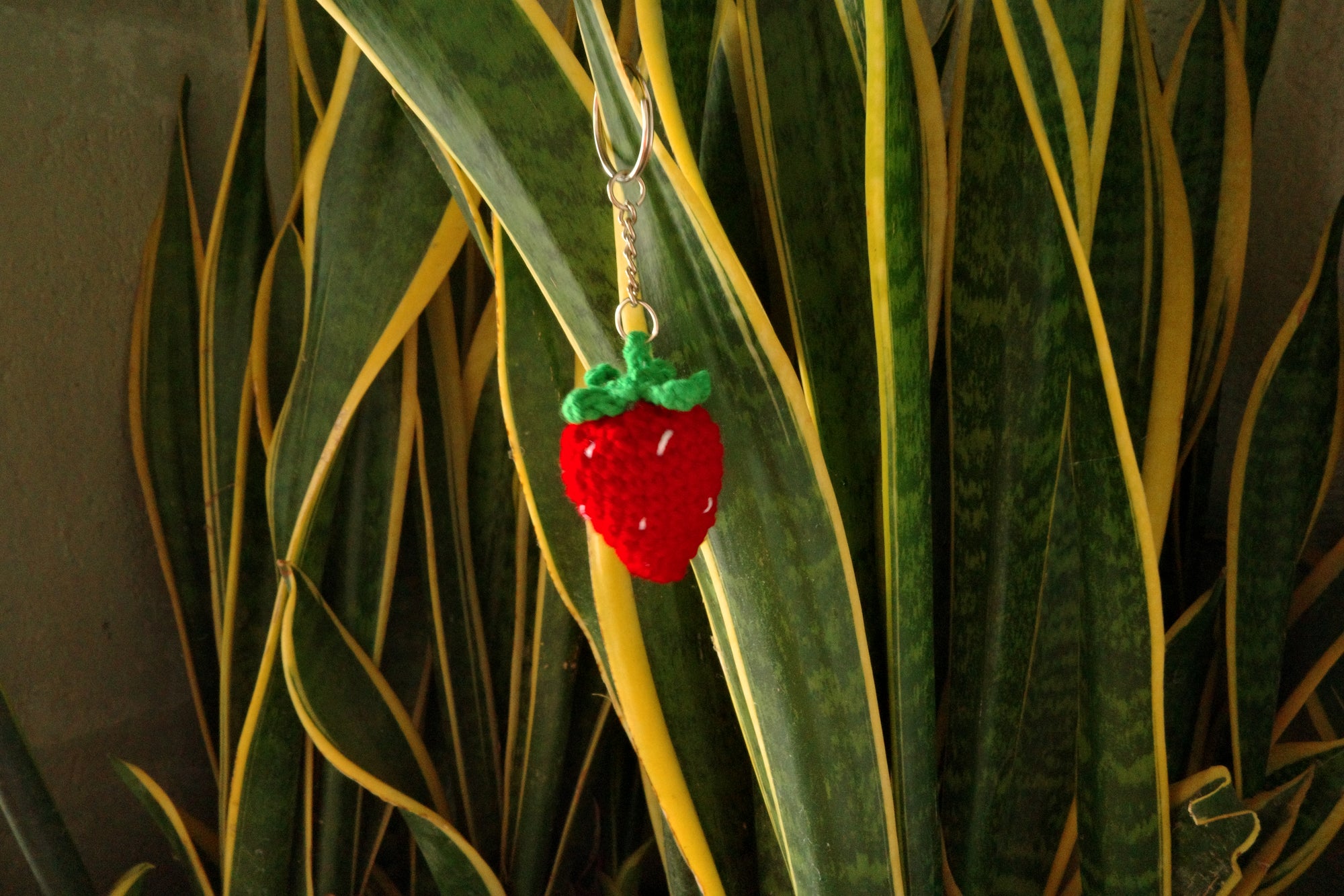 Strawberry-shaped crochet keychain hanging from a plant
